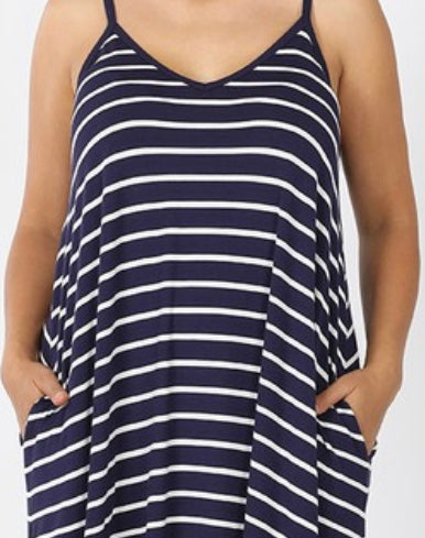 PLUS SIZE STRIPE CAMI MAXI DRESS WITH POCKETS-NAVY/IVORY 1X-3X