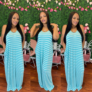 STRIPE CAMI MAXI DRESS WITH POCKETS-ASH MINT/IVORY S-XL