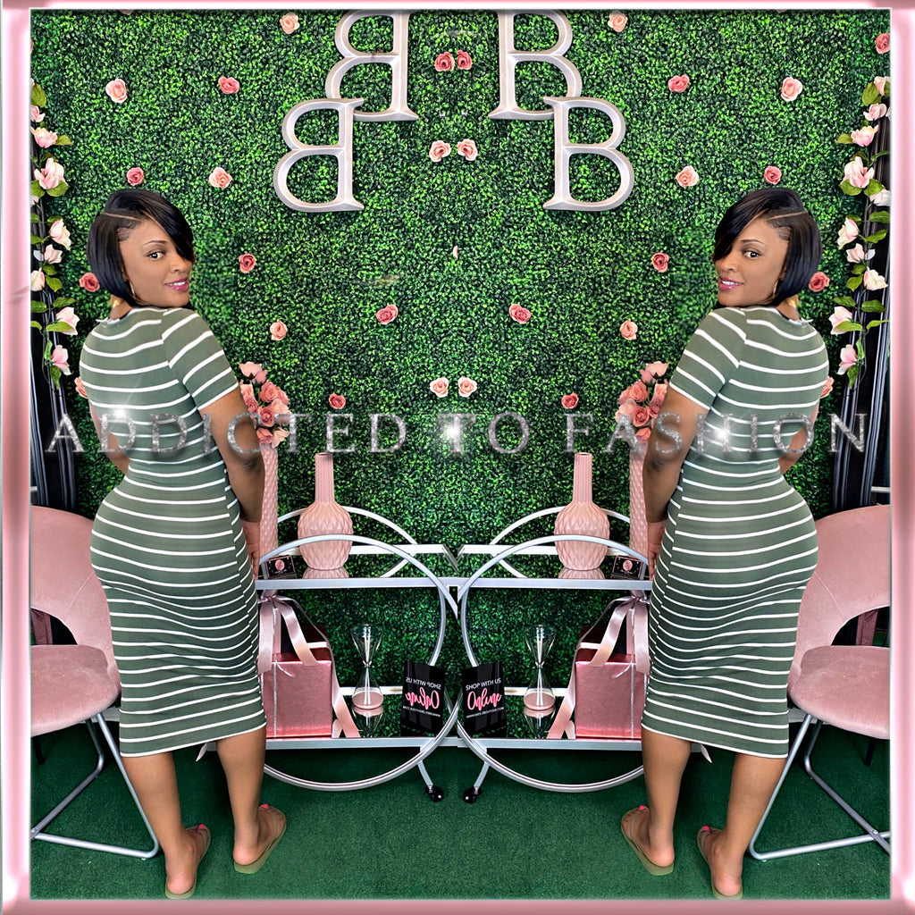 CURVES MIDI BODYCON DRESS-OLIVE/WHITE