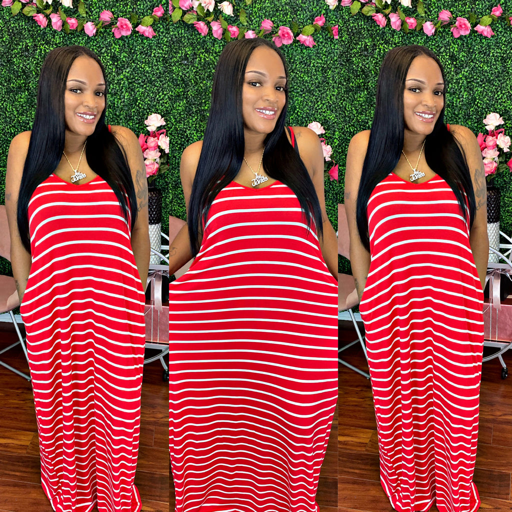 PLUS SIZE STRIPE CAMI MAXI DRESS WITH POCKETS 1X-3X