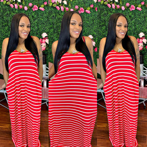 STRIPE CAMI MAXI DRESS WITH POCKETS-RUBY/IVORY S-XL