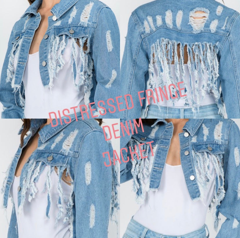 FRINGED DISTRESSED DENIEM JACKET-LT BLUE S-L